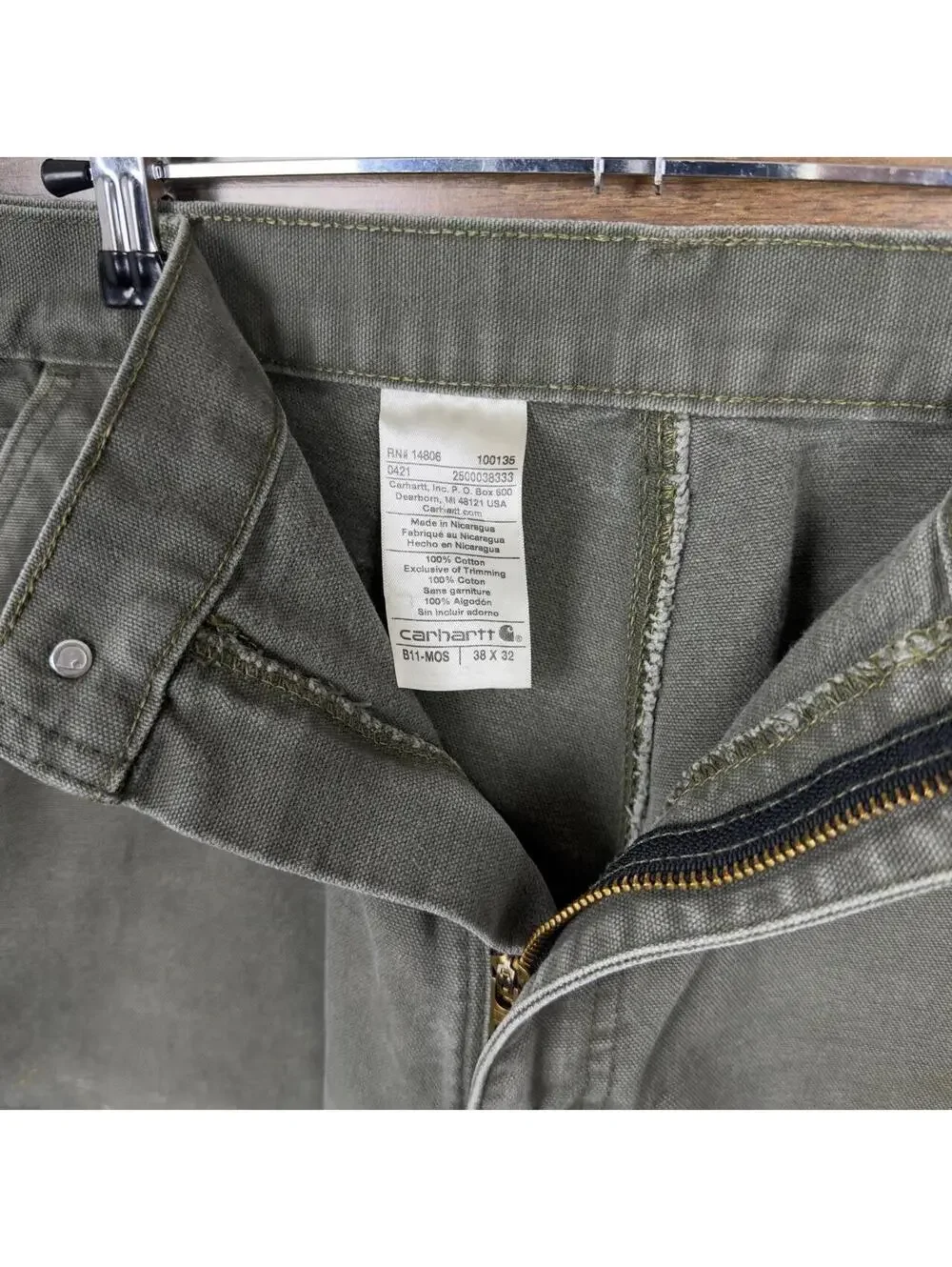 Carhartt B11 MOS Moss Green Washed Duck Work Pants 38x32 Distressed